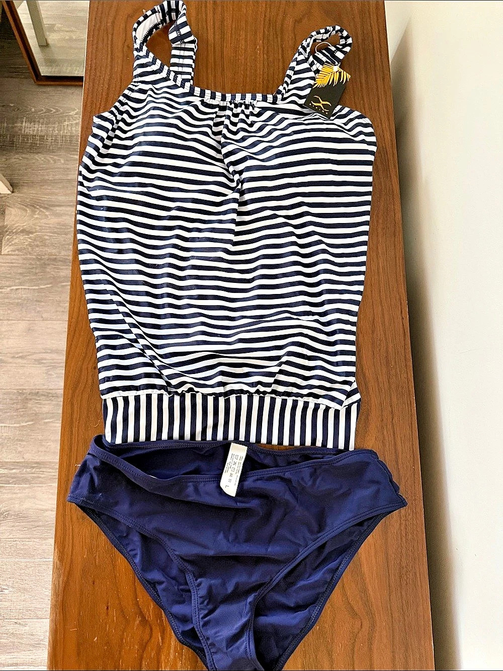 Bikinx Striped Blouson Tankini Swim Top and Bottom Blue & White Large